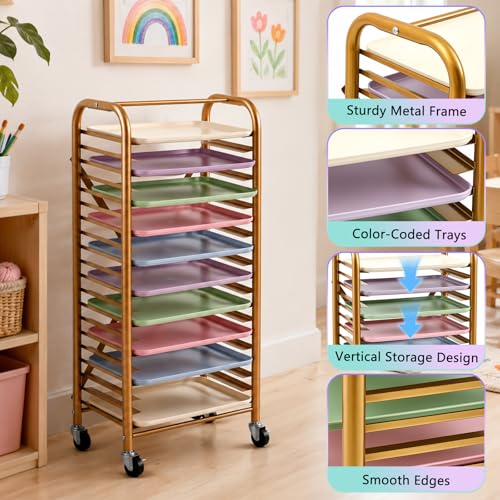 LEIFIDE Mobile Art Drying Rack with 10 Colorful Tough Trays, Paint Rack with 4 Wheels, Large Capacity Classroom Painting Organizer, Metal Frame, for Kids, School & Art Studio