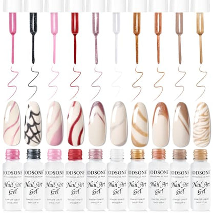 JODSONE Nail Art Gel Liner Set 10 Colors Glitter Red Black Pink Gel Nail polish Need U V Lamp Cured with Thin Brush at Home Salon Design,Gifts for Women - color: LB1001-LB1010