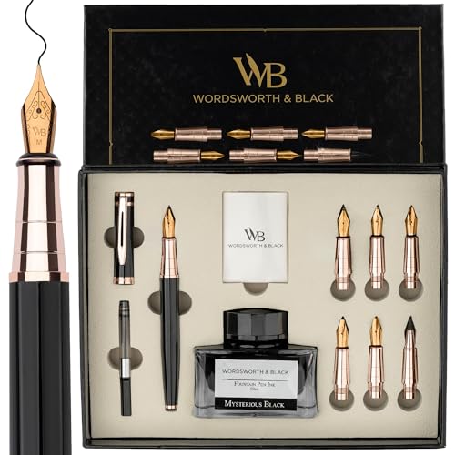Wordsworth & Black Calligraphy Pen Gift Set, Includes Ink Bottle, 6 Ink Cartridges, A Refill Converter, 6 Replacement Nibs, Journaling, Smooth Writing Pens [Black Rose Gold] - color: Black Rose Gold