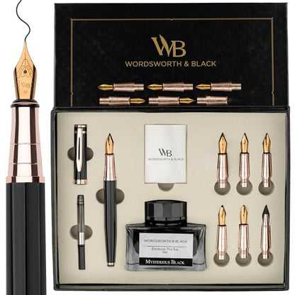 Wordsworth & Black Calligraphy Pen Gift Set, Includes Ink Bottle, 6 Ink Cartridges, A Refill Converter, 6 Replacement Nibs, Journaling, Smooth Writing Pens [Black Rose Gold] - color: Black Rose Gold