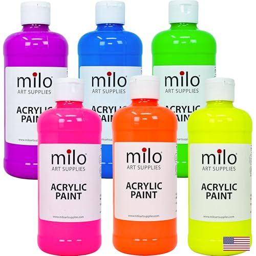 milo Fluorescent Acrylic Paint Set of 6 Colors | 16 oz Bottles | Student Neon Colors Acrylics Painting Pack | Glows UV in Black Light | Non-Toxic Art & Craft Paints for Artists & Hobby Painters | Made in USA - style: Fluorescent Set 6 x 16 oz