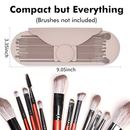 Travel Makeup Brush Holder with Cleaning Pad -Silicone Brush Organizer Case, Magnetic Closure Waterproof Cosmetic Bag for Easy Storage & On-the-Go Cleaning (9.05 Inch) - color: Khaki