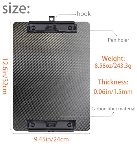 9.4"W x 12.6"L x 0.06"T Hard Lightweight Portable Carbon Fiber Clipboard with 2 Strong Black Low Profile Clips, Hook & Pen Holder, Letter/A4 Size Drawing Board, Waterproof & Sun Resistant, 3K Twill - color: Black Clip, size: 9.4*12.6*0.06inch+2Clips
