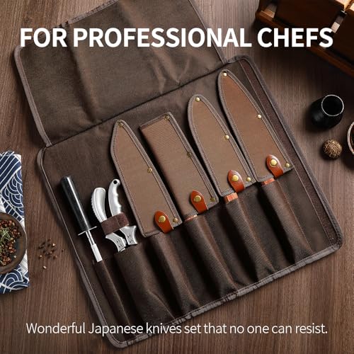 Japan Knife Set, High Carbon Steel Japan Nakiri Santoku Knife Set, Hand Forged Meat Cleaver Butcher Knife with Accessories for Kitchen, Camping BBQ Knives Set with Bag