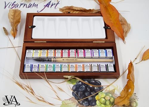 Professional Watercolor Paint Set - 24 Half Pan Highly Pigmented Transparent Water Color Paints with #4 Synthetic Water color Brush, Mixing Palette & Wooden Box Gift Watercolor Kit