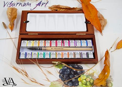 Professional Watercolor Paint Set - 24 Half Pan Highly Pigmented Transparent Water Color Paints with #4 Synthetic Water color Brush, Mixing Palette & Wooden Box Gift Watercolor Kit