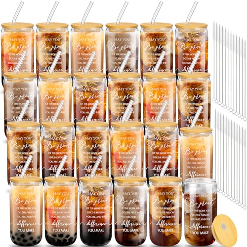 Layhit 24 Set Thank You Team Gifts for Employees Staff Coworker Appreciation Gifts for Teacher Nurse Thank You Glass Cups 16 oz Can Shaped Beer Glass with Lids Straws Brushes(Elegant Style) - style: Elegant Style