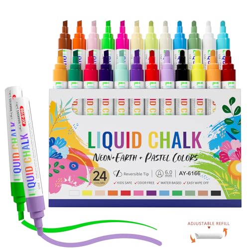 IJIANG Chalk Markers 24 Colors Pack for Car, Window, Glass, Auto, Mirror - Liquid Chalk Markers with 6mm Reversible Tip for Blackboard, Chalkboard and Calendar, Board, DIY Drawing Washable Chalk Pens - color: 24 Colors - 6mm