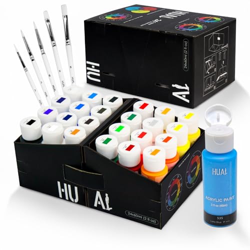 Acrylic Paint Set With 5 Brushes, 24 Colors (60ml, 2oz) for Artists Kids Beginners & Painters,Model/Canvas/Rock/Fabric/Glass/Stone/Ceramic/Wood Painting, Non Toxic - color: Clear Bottle (See-Through)