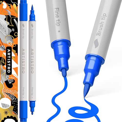 ARTISTRO 2 Blue Dual-Tip Acrylic Paint Pens - Multisurface Markers for Glass, Rock, Fabric, Wood, Plastic & More - 1 mm Fine & Brush Tips - color: Blue, style: Dual Tip Brush + Fine