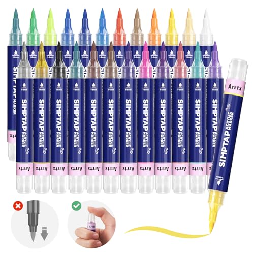 Arrtx Top Valve Action Marker Pen, Set of 24 Colors Simptap Acrylic Paint Pens, Extra Brush Tip, Water Based Paint Markers for Stone, Glass, Easter Egg and Fabric Painting-Arts and Crafts for Adults
