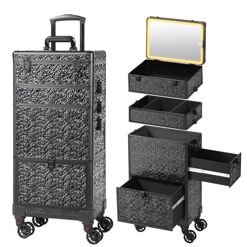 Rolling Makeup Case with Lighted Mirror, Makeup Train Case with Large Drawer, Cosmetology Case, Travel Makeup Organizers, Professional for Salon Barber, Nail, Tattoo, Black - color: Black, style: Lighted Mirror