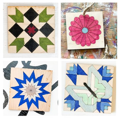 6" Barn Quilt Kit Set 4 | Butterfly, Patch Star, Dresden Flower, Starburst | Unfinished wooden quilt blocks to paint for DIY farmhouse wall art, craft parties, quilting decor, and family craft projects. - size: 6 inches (set of 4), style: Butterfly, Patch