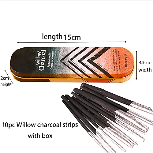 10pcs Vine Charcoal Sticks Willow Artist Soft Charcoal Pencil Sticks Drawing Art Set in Tin Box, 4 Sizes Charcoal Drawing Chalks Art Medium for Sketching, Drawing, Shading