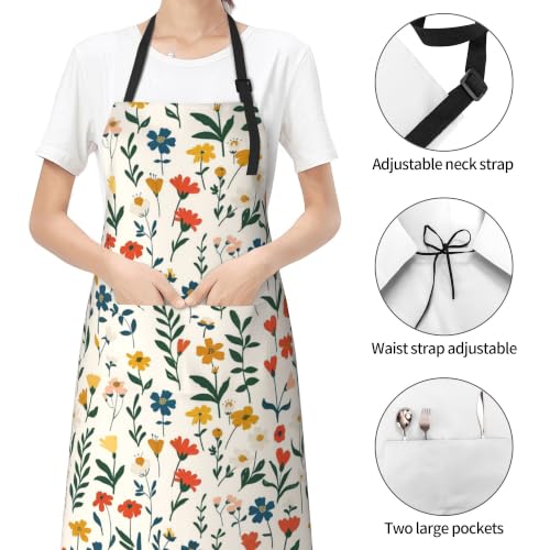 Cream Pastel Wildflower Art Waterproof Apron with Pockets | Garden Aprons for Men Women Adjustable Bib Apron for Cooking Kitchen Baking BBQ Painting Housework Oil Resistant - color: Earthy Summer Blooms