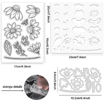 ORIGACH Daisy Flower Stamps and Dies and Layering Coloring Stencil Set, Silicone Stamps Metal Die Cut and Layering Stencil Template with Daisy Pattern for Card Making Scrapbooking DIY Crafting - color: Daisy