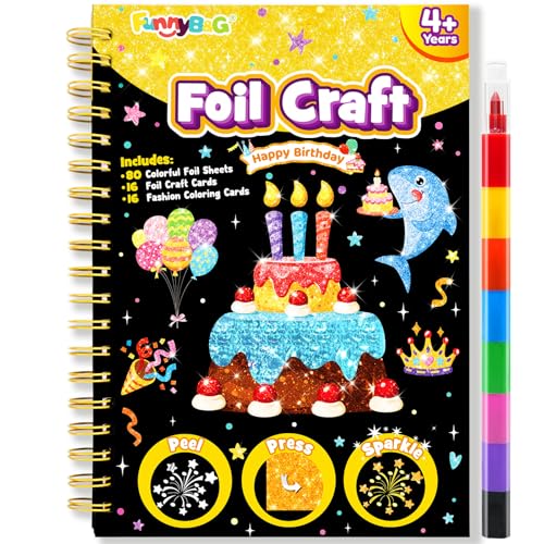 FUNNYB&G Foil Art Craft Kit for Kids 4-10 Years Old: Mess-Free & No-Glue, Create 16 Sparkly Happy Birthday Pictures – Perfect Travel Toy & Birthday Gift for Kids（Happy Birthday） - style: Happy Birthday
