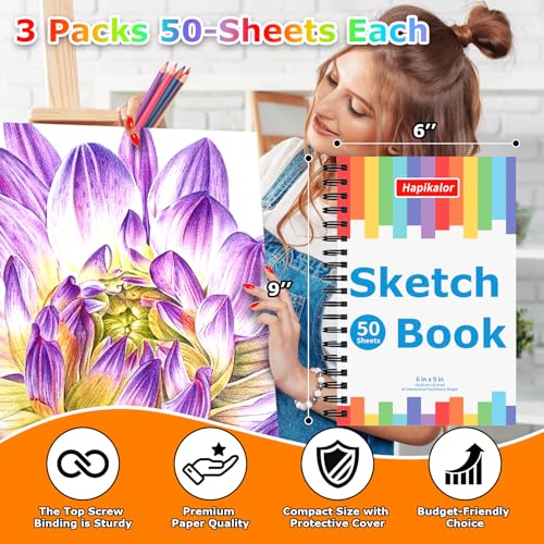 Drawing Pad for Kids, Sketch Pads 50 Sheets, 3-Pack Kids Travel Activities Spiral Bound Drawing Books Bulk 6" x 9 ", Drawing Paper for Kid 9-12 - size: 6" x 9"(Pack of 3)