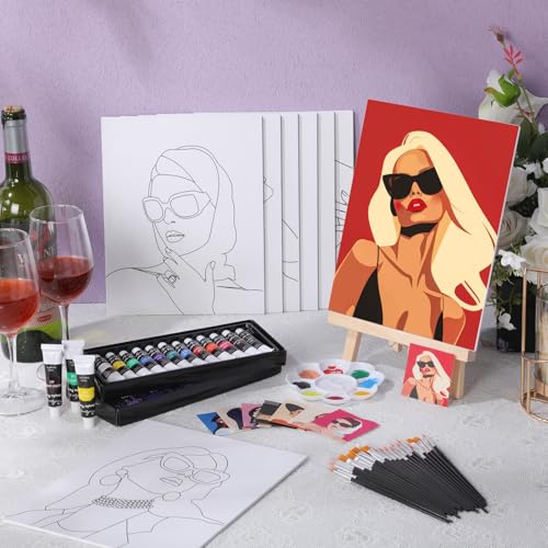 Cholemy 36 Pcs Paint and Sip Kit for Adults 8''x10'' Pre Drawn Canvas for Painting DIY Afro Acrylic Painting Kit Wood Easel Brushes Date Night Bulk for Summer 4th of July Party Gift(Modern Woman) - style: Modern Woman