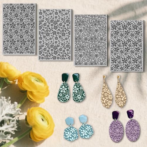 4 Sheets Cherry Blossoms Clay Texture Mat Flower Polymer Clay Texture Sheets DIY Tools for Pottery Earring Jewelry Making Stamp Engraving Machines, 3.9x2.6inch - style: Cherry Blossoms