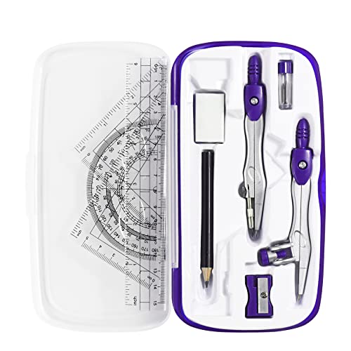 Vobou Math Geometry Kit Sets 10 Piece Student Supplies with Shatterproof Storage Box,Includes Rulers,Protractor,Compass,Eraser,Pencil Sharpener,Lead Refills,Pencil,for Drafting（Purple） - color: Purple