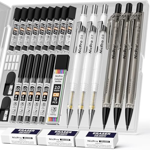 Nicpro Professional Mechanical Pencil Set – 0.5 0.7 0.9 mm Drafting Pencils & 3PCS 2mm Lead Holder, 6PCS Drawing Pencil Kit with Case, Lead Refills & Erasers for Sketching, Writing, Drafting - style: 0.5 0.7 0.9 2.0
