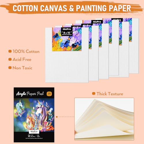 Nicpro 68PCS Acrylic Paint Canvas Set for Adults, Art Painting Supplies Kit with 24 Acrylic Paints,Table Easel,8 Canvas Panels,12 Brushes,Paper Pad,Cleaning Cup, Sponge, Palette for Beginner Artist - color: 24 colors