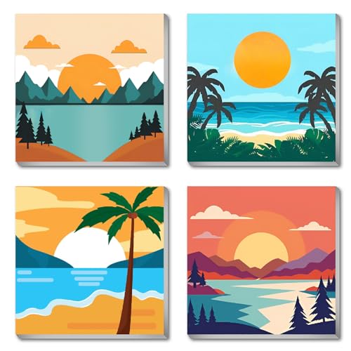 FQOVKYN 4 Framed Landscape DIY Paint by Numbers Kit for Adults Beginner, Sunset Easy Painting by Number with Frame, Acrylic Paint Kit Arts and Crafts for Adults for Decor 8x8inch - color: BKH2226-BKH2227-BKH2228-BKH2229-US