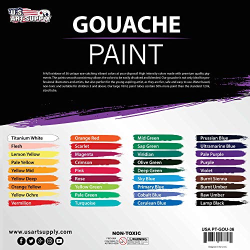 U.S. Art Supply Professional 36-Color Gouache Paint Set in Large 18ml Tubes & Color Mixing Wheel - Gouache Paint Tubes for Artists, Students, Beginners