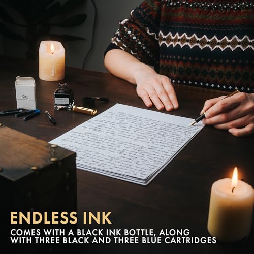 Wordsworth & Black Fountain Pen Set, 18K Gilded Medium and Extra Fine Nib, 25ML Black Bottle, 6 Ink Cartridges, Refill Converter, Smooth Writing Pens [Brown Gold], Gift Set for Men and Women - color: Brown Gold