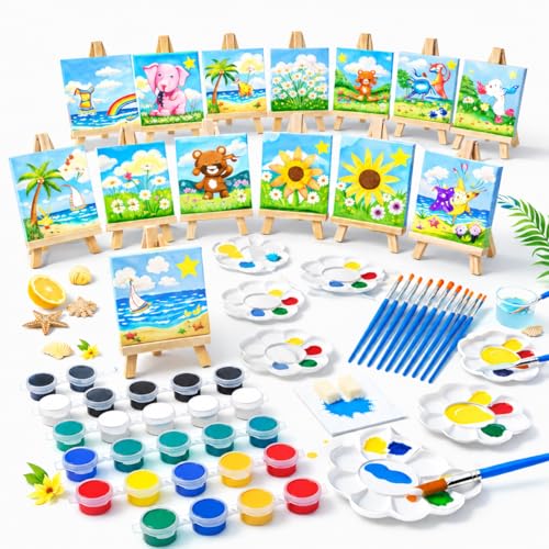 FLUXOJOY 24 Pack Kids Painting Kit, DIY Canvas Painting Set with Easels, Acrylic Paints, Brushes & Palettes, Summer Art Craft Kit for Kids Ages 4-8, Party Favors Classroom Activities Gift