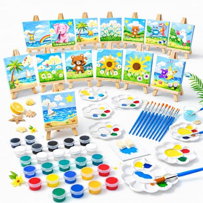 FLUXOJOY 24 Pack Kids Painting Kit, DIY Canvas Painting Set with Easels, Acrylic Paints, Brushes & Palettes, Summer Art Craft Kit for Kids Ages 4-8, Party Favors Classroom Activities Gift
