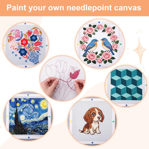 Novabright 128 Pcs 18 Mesh Needlepoint Canvas Kit for Beginners Adult Include 4 Pcs 12 Inch White Blank Needle Point Canvas 16 Stretcher Bars 100 Thumbtacks 2 Masking Tape 6 Sets Paint Tool DIY Crafts