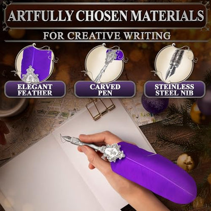 Victorian Writing Quill and Ink Set – Stainless Steel Dip Pen Feather Quill Pen and Ink Set with 5 Nib Refills, Secure Textured Grip, Gift-Ready Box with Display Stand – Calligraphy Gift Set (Purple) - color: Purple