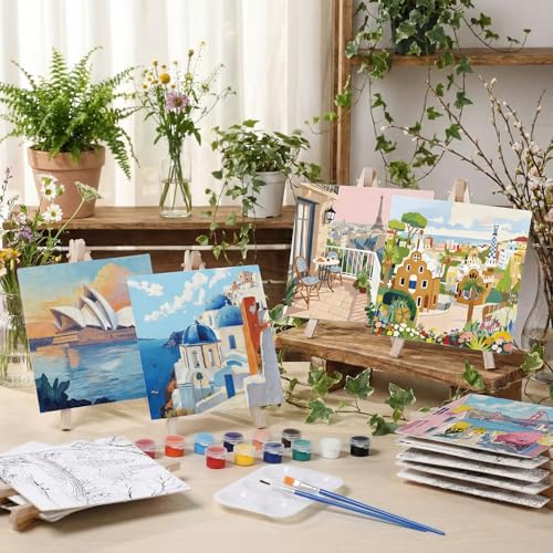 Supervitae 72 Piece Boho City Round Pre Drawn Canvas Kit 5.9" Paint and Sip Kit for Adults Painting Party Pre Printed Canvas DIY with Pictures Paints Easels Brushes for Party Gifts - size: 5.9", style: Boho City