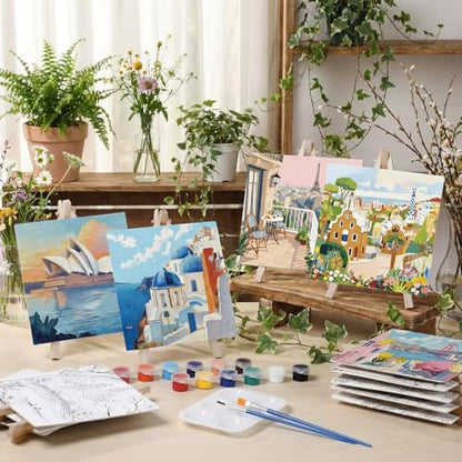 Supervitae 72 Piece Boho City Round Pre Drawn Canvas Kit 5.9" Paint and Sip Kit for Adults Painting Party Pre Printed Canvas DIY with Pictures Paints Easels Brushes for Party Gifts - size: 5.9", style: Boho City