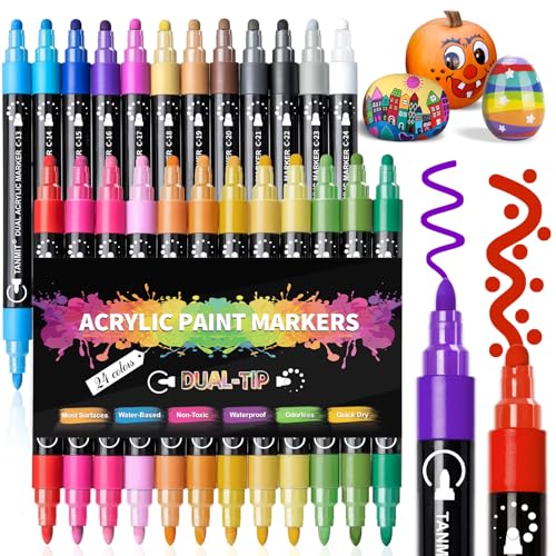 TANMIT 24 Colors Acrylic Paint Markers, Dual Tip Acrylic Paint Pens with Dot & Fine Tips For Fabric, Rock, Wood, Glass, Eggs, Scrapbook, DIY Crafts Making Art Supplies - Teacher Appreciation Gift