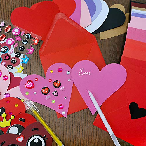 Winlyn 50 Sets DIY Paper Heart Cards and Envelopes Stickers 10 Styles of Blank Die-Cut Heart Cardstock Note Cards with Assorted Hearts Stickers for Mother's Day Valentine's Day Greeting Love Gift