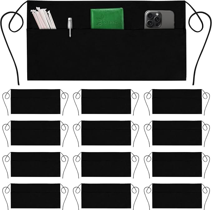 GREEN LIFESTYLE Server Aprons with 3 Pockets - Waist Apron, Waitress Apron for Women and Man, Water Resistant with Long Waist Strap Reinforced Seams, Half Apron (24 Pack - Black) - style: Server - 24 Pack