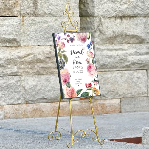 61”H x 20”L x 24”W Metal Extra Large Free Standing Display Stand Easel, Gold Scroll Floor Easel Stand for Sign Wedding Mirror Picture Frame, with Adjustable Chain
