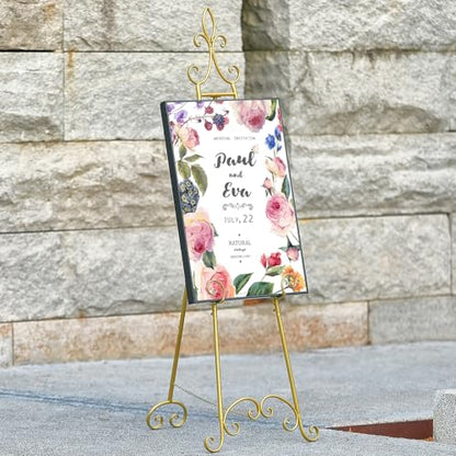 61”H x 20”L x 24”W Metal Extra Large Free Standing Display Stand Easel, Gold Scroll Floor Easel Stand for Sign Wedding Mirror Picture Frame, with Adjustable Chain
