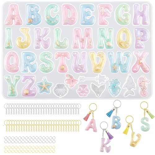 Anlan-angel Alphabet Keychain Molds with Hole, 121Pcs Reversed Alphabet Silicone Molds for Resin Letter Number Epoxy Casting Molds Keychain Making Kit with Key Ring O Ring for Resin Crafts