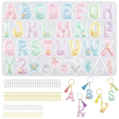 Anlan-angel Alphabet Keychain Molds with Hole, 121Pcs Reversed Alphabet Silicone Molds for Resin Letter Number Epoxy Casting Molds Keychain Making Kit with Key Ring O Ring for Resin Crafts