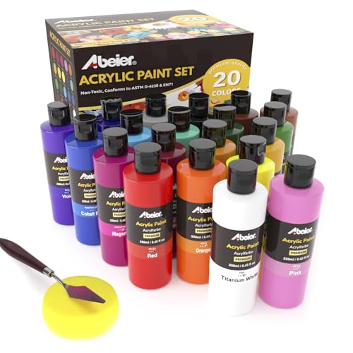 ABEIER Acrylic Paint, 20 Colors (250 ml/8.45oz) Acrylic Paint Bottle Set, Non-Toxic, Rich Pigments Bulk Painting Supplies for Canvas Crafts Wood Ceramic, Ideal for Artists, Beginners and Students - color: 20 Colors