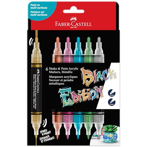 Faber-Castell Shake & Paint Markers: Metallic - 6 Count Dual Tip Acrylic Paint Pens, Markers Permanent for Clothes, Paint Markers for Wood, and Art Supplies - style: Metallic