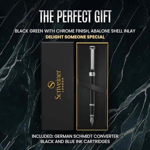 Scriveiner Black Green Fountain Pen - Stunning Luxury Pen with Chrome Finish, Schmidt Nib (Medium), Best Pen Gift Set for Men & Women, Professional, Executive, Office, Nice Pens - color: 13. Very Dark Black Green with Chrome, style: Medium Nib