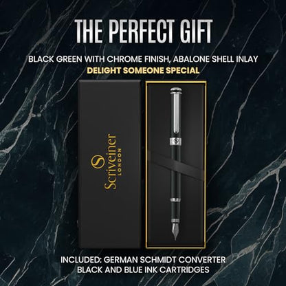 Scriveiner Black Green Fountain Pen - Stunning Luxury Pen with Chrome Finish, Schmidt Nib (Medium), Best Pen Gift Set for Men & Women, Professional, Executive, Office, Nice Pens - color: 13. Very Dark Black Green with Chrome, style: Medium Nib