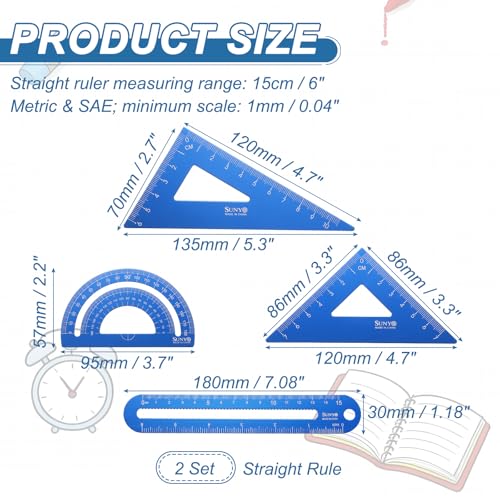 HARFINGTON 8pcs Triangular Ruler Set 15cm/6" Aluminum Alloy Straight Geometric Protractor Triangle Engineering Scale Drafting Ruler Kit Measuring Drawing Tool for Classroom Office Home, Blue - color: Blue