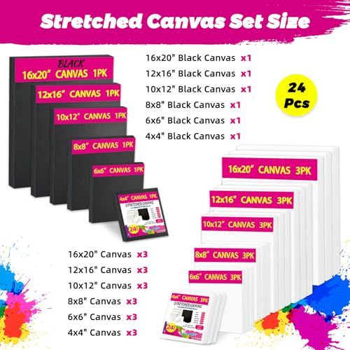 24 Pack Stretched Canvas Frames, 6 Sizes 4x4 to 16x20, Black & White Blank Canvases, Triple Primed 100% Cotton with Natural Cotton Seeds, Acid-Free, Warp-Resistant Canvas Frame for Acrylics & Oils - size: 4x4", 6x6", 8x8", 10x12", 12x16", 16x20" - 24Pack