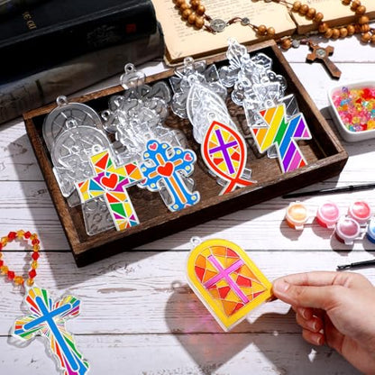 WinnerWhy 30 Sets Christian Cross Craft Kits Bulk, Religious VBS DIY Suncatcher Paint Your Own Cross Window Art Ornaments for Sunday School Church Activity Party Supplies Decoration - style: Cross Style